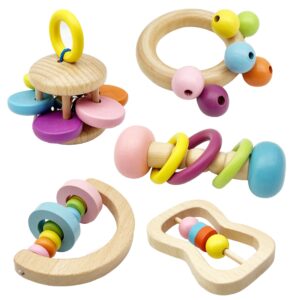 Wooden Baby Rattle, Organic Colorfu...