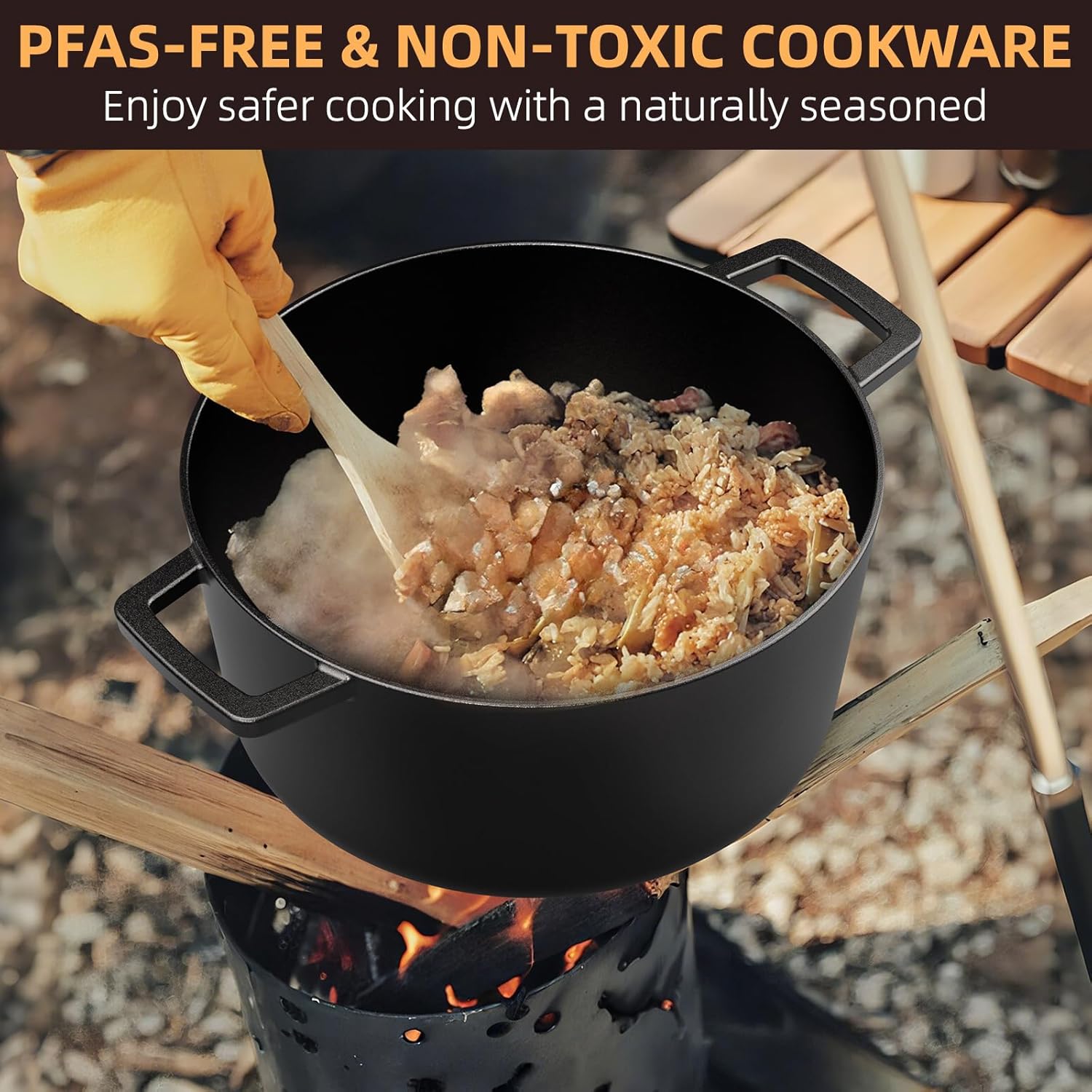 Cast Iron Dutch Oven Pot with Skillet Lid – Pre-Seasoned – Skillet Lid Cooking Pan– PFAS-Free –Umite Chef Cast Iron Skillet Cookware for Bread, Frying, Baking – Dual Handles – Oven, Grill, Campfire & Stovetop Safe – Durable & Non-Toxic, 5QT - Image 8