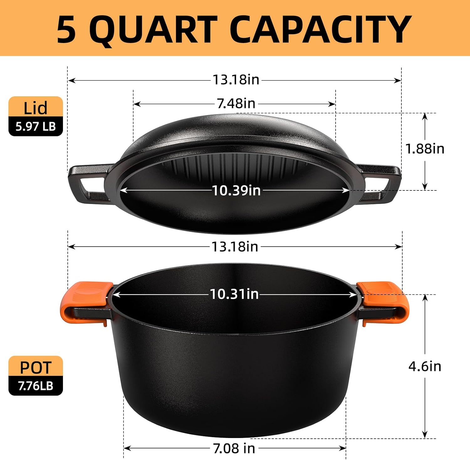 Cast Iron Dutch Oven Pot with Skillet Lid – Pre-Seasoned – Skillet Lid Cooking Pan– PFAS-Free –Umite Chef Cast Iron Skillet Cookware for Bread, Frying, Baking – Dual Handles – Oven, Grill, Campfire & Stovetop Safe – Durable & Non-Toxic, 5QT - Image 3