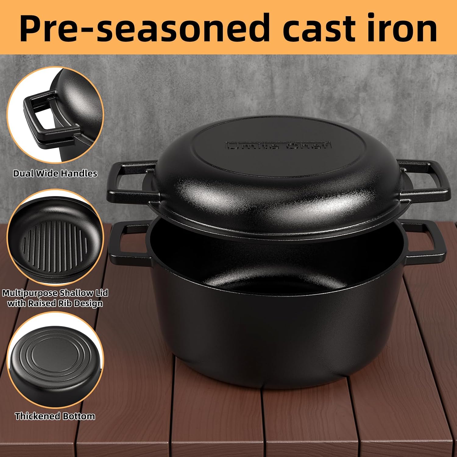 Cast Iron Dutch Oven Pot with Skillet Lid – Pre-Seasoned – Skillet Lid Cooking Pan– PFAS-Free –Umite Chef Cast Iron Skillet Cookware for Bread, Frying, Baking – Dual Handles – Oven, Grill, Campfire & Stovetop Safe – Durable & Non-Toxic, 5QT - Image 7