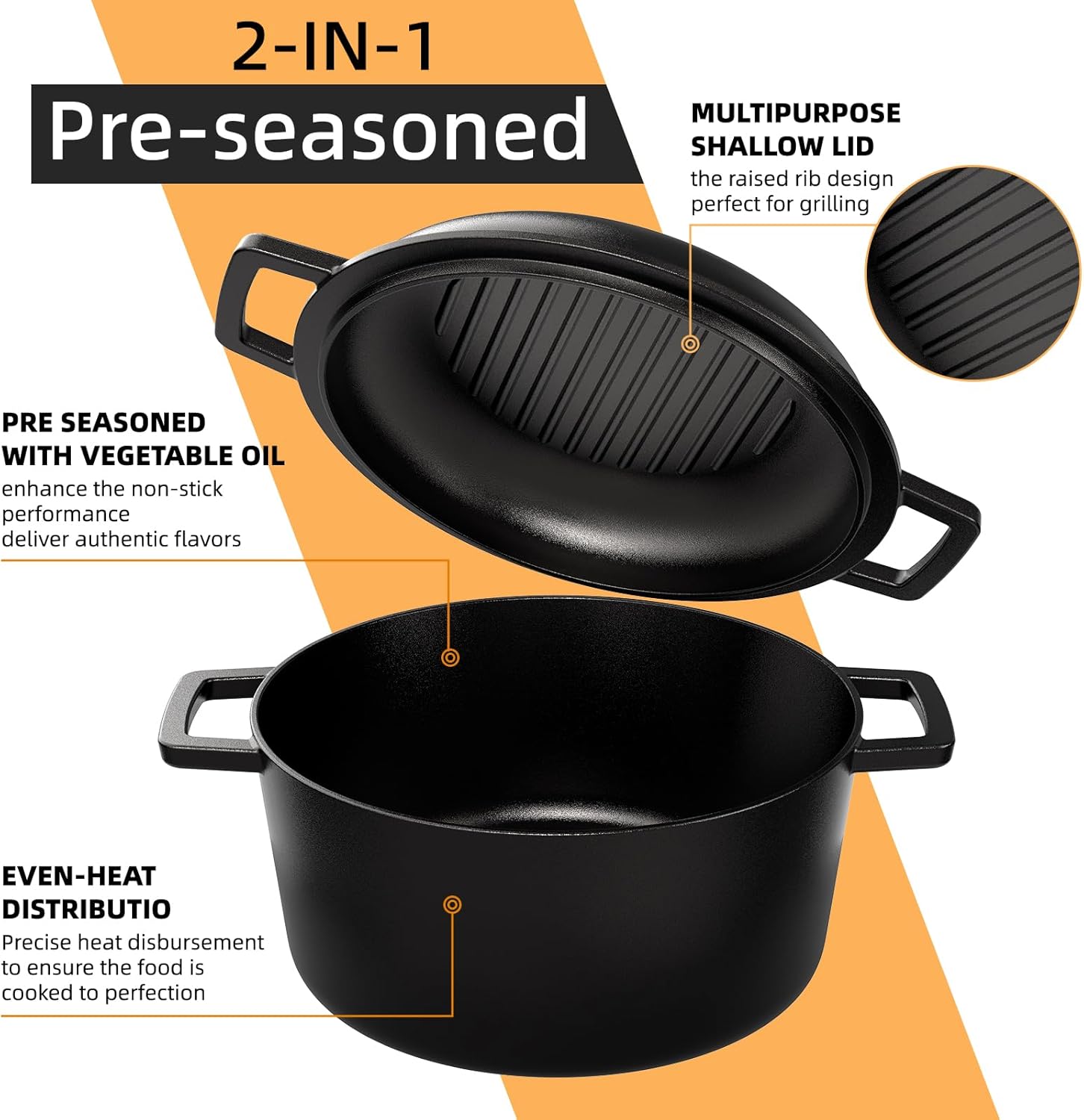 Cast Iron Dutch Oven Pot with Skillet Lid – Pre-Seasoned – Skillet Lid Cooking Pan– PFAS-Free –Umite Chef Cast Iron Skillet Cookware for Bread, Frying, Baking – Dual Handles – Oven, Grill, Campfire & Stovetop Safe – Durable & Non-Toxic, 5QT - Image 2