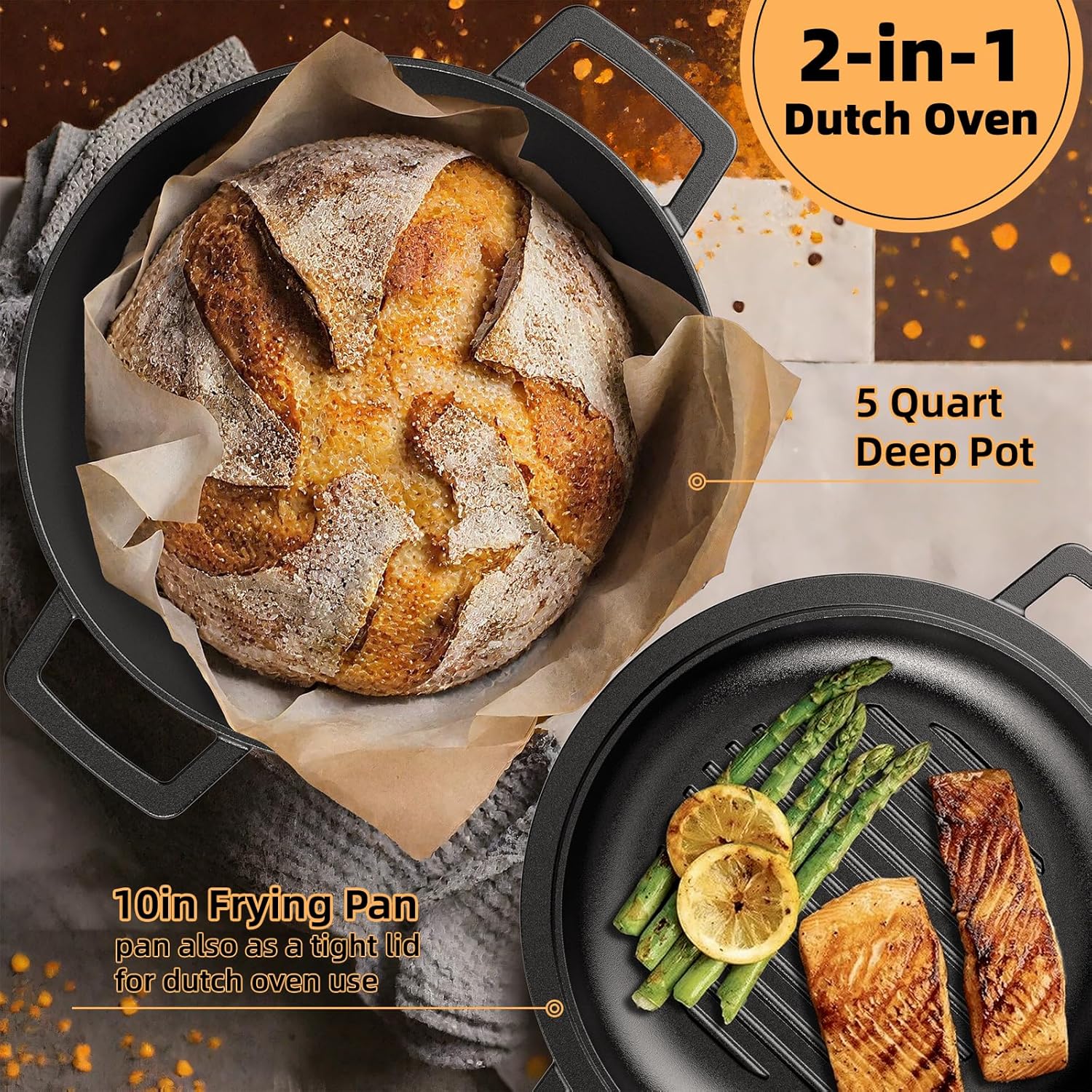 Cast Iron Dutch Oven Pot with Skillet Lid – Pre-Seasoned – Skillet Lid Cooking Pan– PFAS-Free –Umite Chef Cast Iron Skillet Cookware for Bread, Frying, Baking – Dual Handles – Oven, Grill, Campfire & Stovetop Safe – Durable & Non-Toxic, 5QT - Image 5