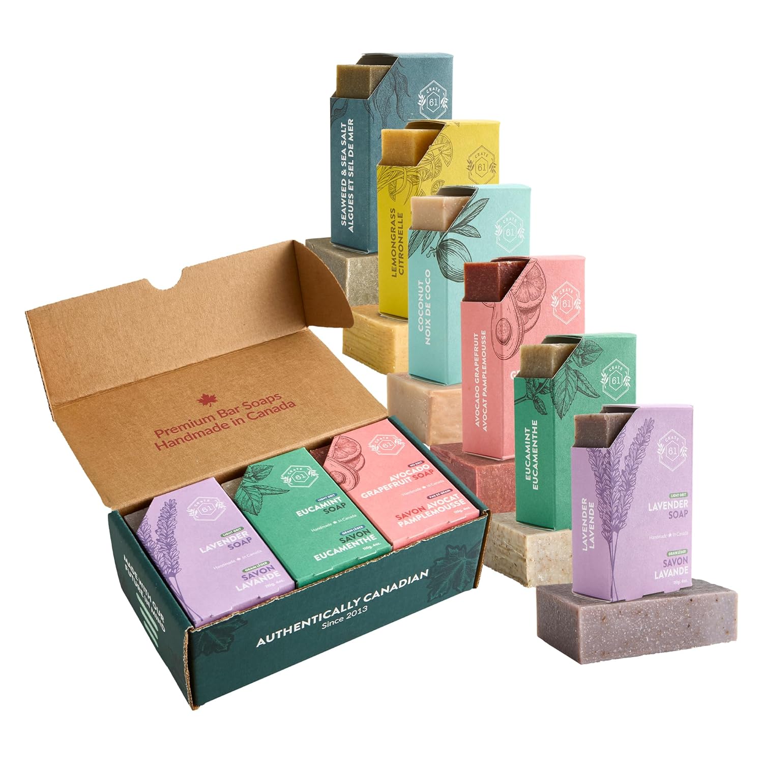 Crate 61, Handmade in Canada, Plant Based Cold Process Natural Bar Soap, With Premium Essential Oils, Dry Skin, Pack of 6 (Most Popular)