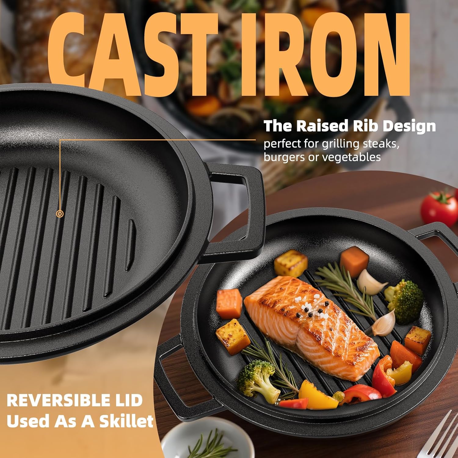 Cast Iron Dutch Oven Pot with Skillet Lid – Pre-Seasoned – Skillet Lid Cooking Pan– PFAS-Free –Umite Chef Cast Iron Skillet Cookware for Bread, Frying, Baking – Dual Handles – Oven, Grill, Campfire & Stovetop Safe – Durable & Non-Toxic, 5QT - Image 6