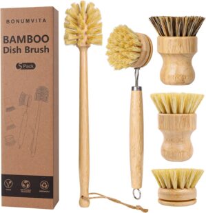 5 Pack Bamboo Dish Brush Set, Woode...