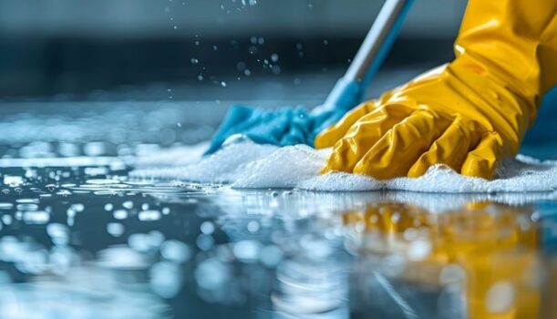 A clean home environment with non-toxic cleaning supplies and playful children and pets.