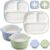 Domensi 4 Pcs Square Porcelain Kid Plate Bowl Set with Suction, 2 Ceramic Toddler Divided Plate 2 Baby Anti Slip Silicone Sleeve Bowl for Feeding Supply Microwave Dishwasher Safe(Blue, Green)
