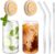 WISIMMALL Drinking Glasses with Bamboo Lids and Glass Straw 2PCS Set, 16oz Glass Cups with Lids and Straws, Beer, Iced Coffee Glasses, Soda, Gift 1 Cleaning Brushes